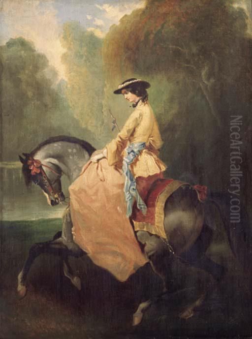 An Elegant Lady On Horseback Oil Painting by Alfred De Dreux