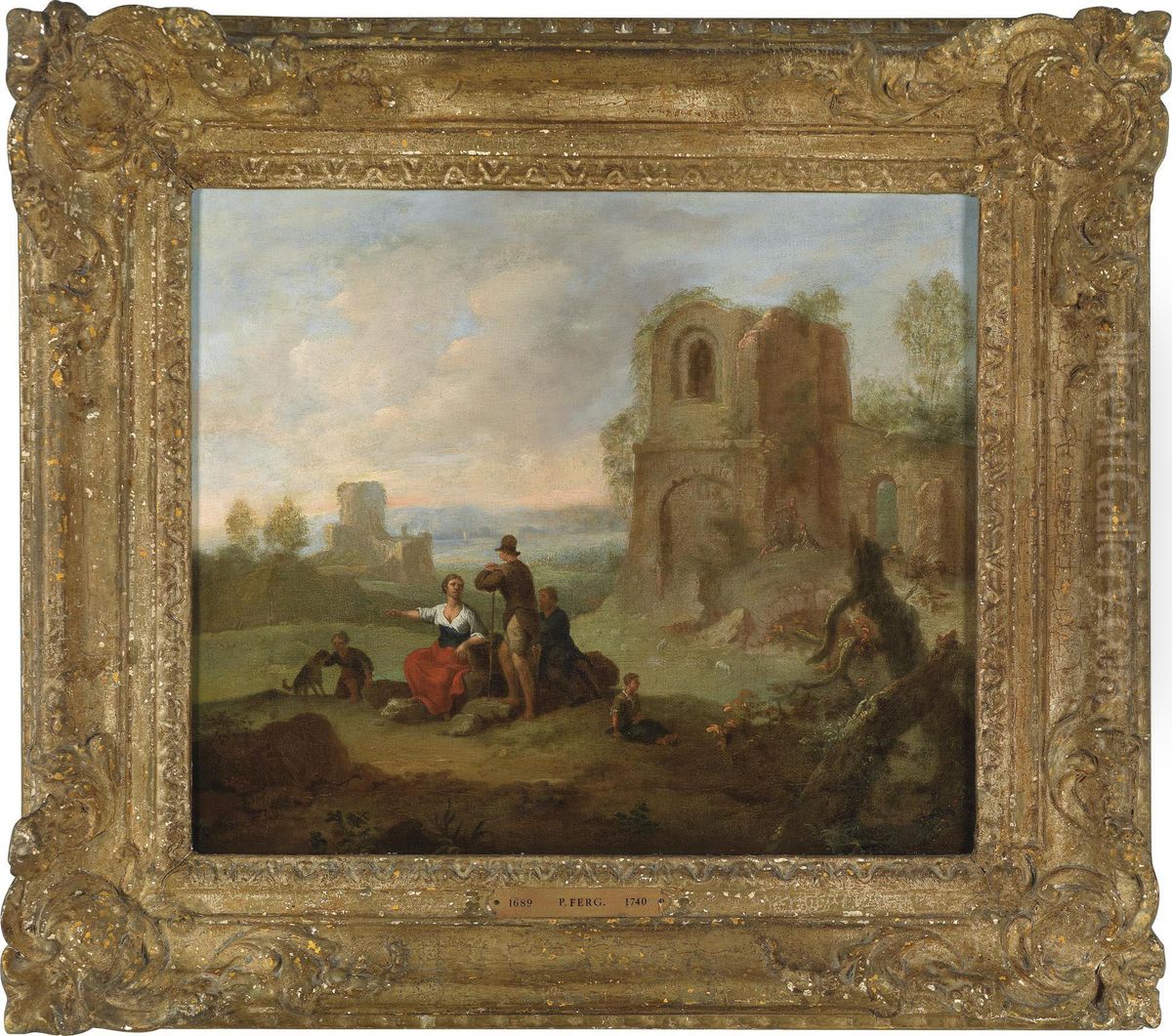 A Pair Of Landscapes With Ruins Andhorsemen Oil Painting by Franz Ferg