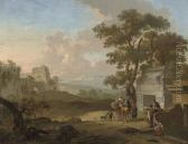 An Italianate Landscape With 
Travellers Conversing Outside A Classical Tomb, Mountains Beyond Oil Painting by Franz Ferg
