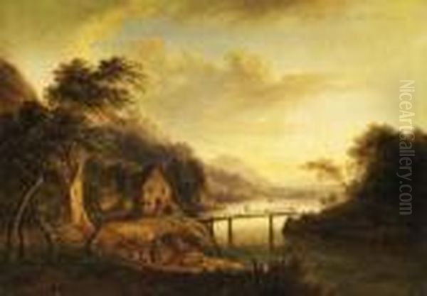 Landschaft Mit Flusslauf, Hausern Und Einer Holzbrucke Oil Painting by Franz Ferg