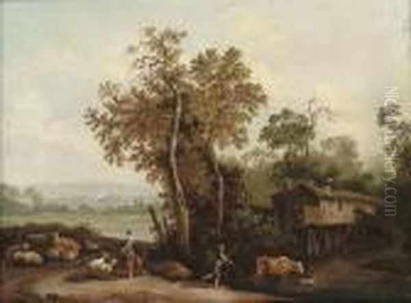 A Wooded River Landscape With A Shepherd And Shepherdess With Their Flock And Cattle Oil Painting by Franz Ferg