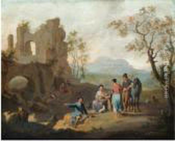 An Italianate Landscape With 
Travellers Resting Near Ruins And A Shepherd Tending His Flock Near A 
Stream Oil Painting by Franz Ferg