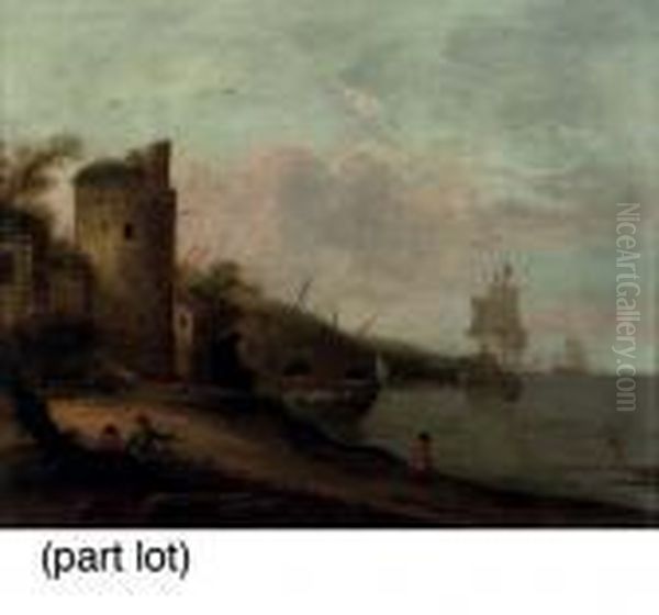 A Coastal Landscape With Figures
 Conversing By A Tower, Shipping Beyond; And A Coastal Landscape With 
Figures Conversing Near Ancient Ruins, Shipping Beyond Oil Painting by Franz Ferg
