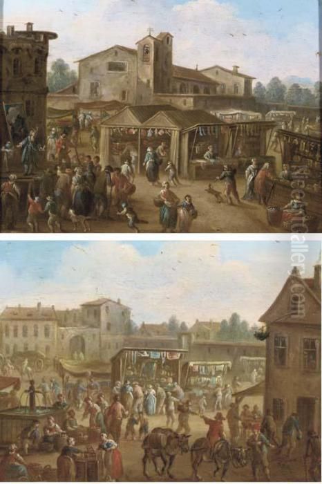 A Market Scene With Figures 
Gathered Around A Comedia Dell'arte Play; And A Village Square With A 
Market, And Two Mules Near A Fountain In The Foreground Oil Painting by Franz Ferg