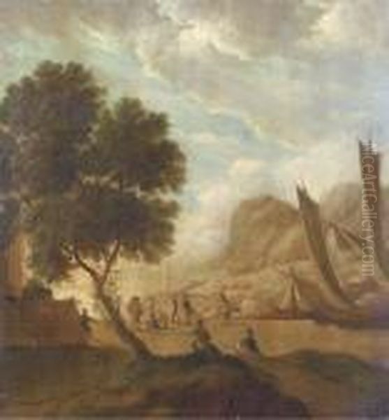 A Mediterranean Landscape With 
Elegant Figures Resting By Theshore, Moored Sailing Vessels And A Ruin 
Nearby Oil Painting by Franz Ferg