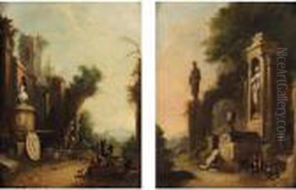 Italianate Landscapes With Figures Amongst Ruins Oil Painting by Franz Ferg