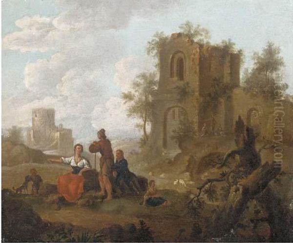 A Landscape With Figures 
Conversing Before Ruins; And A River Landscape With Figures Conversing 
Before Ruins Oil Painting by Franz Ferg