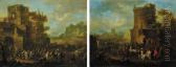 An Italianate Landscape With 
Peasants Making Merry In A Town; And An Italianate Landscape With 
Peasants Gathered Around A Stage With Players, A Flag With The Medici 
Arms Above Oil Painting by Franz Ferg