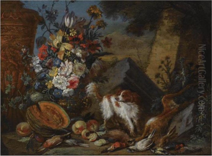 A Still Life With A Bouquet Of 
Flowers In A Vase, A Pumpkin, Prunesand Peaches, And A Dead Hare And 
Dead Birds In The Foreground,together With A Dog Oil Painting by Adriaen de Gryef