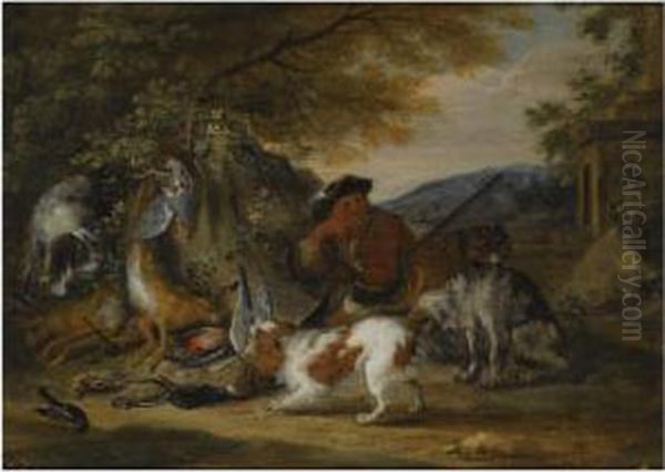 A Wooded Landscape With A 
Huntsman Resting With His Hounds, Near Ahunting Still Life Of Dead Hares
 And Songbirds Oil Painting by Adriaen de Gryef