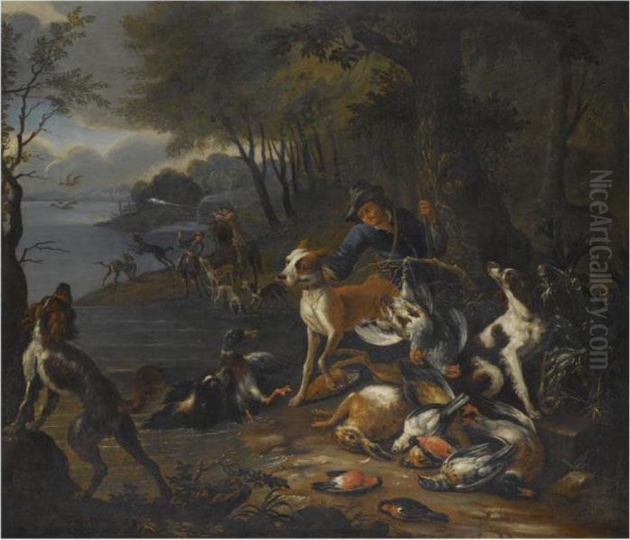 A Wooded Landscape With Huntsmen
 And Their Hounds On The Banksof A Lake, An Abundance Of Dead Game In 
The Foreground Oil Painting by Adriaen de Gryef