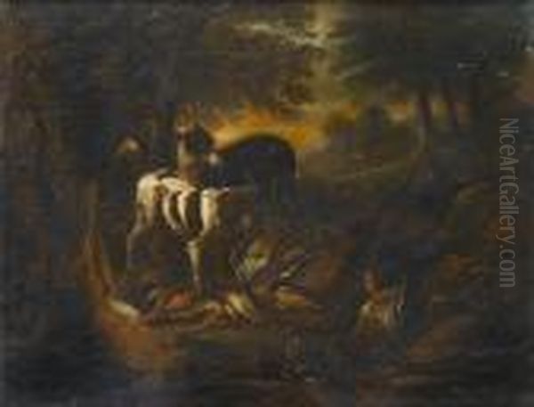 Spaniels Beside A Dead Heron, 
Finches And A Hare In A Landscape; And A Hound And A Spaniel With Dead 
Ducks, Finches And A Hare In A Landscape, A Huntsman Resting Nearby Oil Painting by Adriaen de Gryef