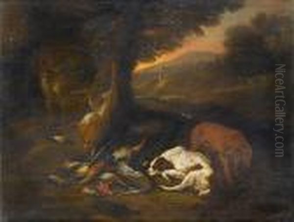 Spaniels Beside A Dead Heron, 
Finches And Hare In A Landscape; And A Hound And A Spaniel With Dead 
Ducks, Finches And Hare In A Landscape With A Huntsman Resting Nearby Oil Painting by Adriaen de Gryef