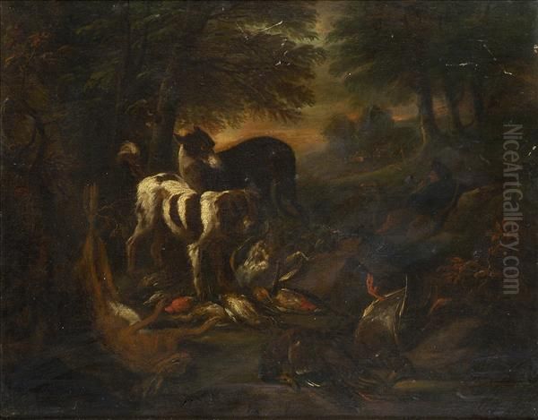Gryef A Pair - Restingfigures 
With Hunting Dogs Guarding Dead Game, In Wooded Italianatelandscapes Oil Painting by Adriaen de Gryef