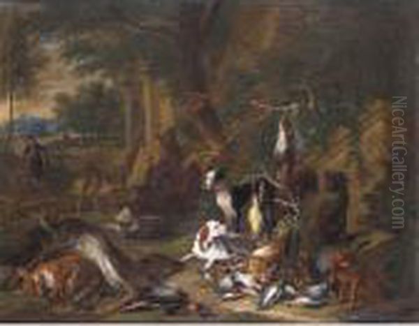 Still Life Of Game With A 
Huntsman Smoking A Pipe Together With His Hounds In A Landscape Oil Painting by Adriaen de Gryef