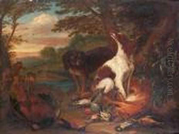 A Hunting Still Life With A 
Spaniel Guarding A Swan, Mallard And Songbirds In A Landscape With A 
Sportsman Beyond; And A Hunting Still Life With Spaniels Guarding A 
Hare, Pheasant, Finches And Songbirds, A Landscape With Huntsmen And 
Hounds Beyond Oil Painting by Adriaen de Gryef