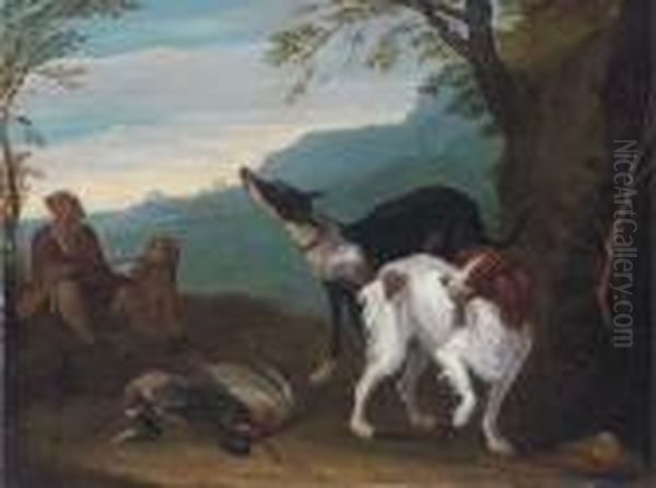 A Wooded Landscape With A 
Huntsman Resting With His Dogs, A Spanieland A Greyhound In The 
Foreground With Dead Game Oil Painting by Adriaen de Gryef