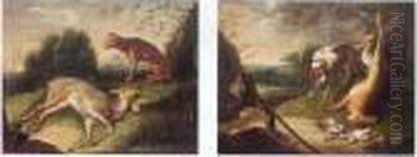 A Hunting Still Life With A Deer
 And A Dog; A Hunting Still Life With Birds, A Hare And A Dog Oil Painting by Adriaen de Gryef