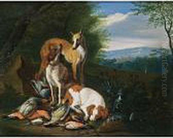 A Hunting Still Life With 
Partridges, A Woodpecker And Other Birds, Together With Dogs, In A 
Wooded Landscape Oil Painting by Adriaen de Gryef
