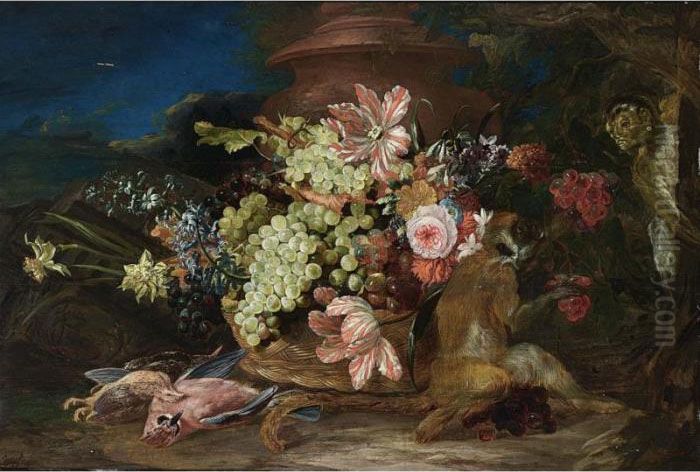 A Still Life With White And Blue
 Grapes, Tulips, Daffodils, Hyacinths, Roses, Morning Glory, And An 
Opium Poppy In A Basket, With An Eurasian Jay, A Quail And A Starling, 
Together With Two Monkeys In A Landscape Setting With A Pot Oil Painting by Adriaen de Gryef
