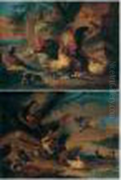 A Classical Landscape With 
Bantams Fighting, Together With A Turkey, A Pheasant And Guinea Pigs Oil Painting by Adriaen de Gryef