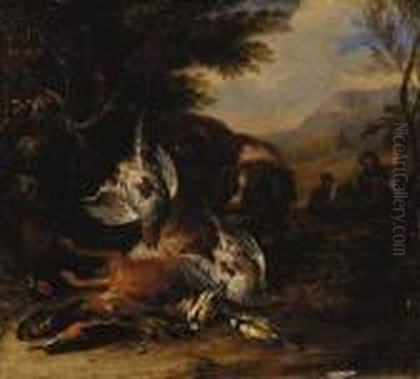 A Dead Hare, A Brace Of 
Partridge, A Kingfisher, A Chaffinch, Athrush And A Cock Pheasant With A
 Spaniel, A Hunter With Anotherdog Beyond, In A Wooded Landscape Oil Painting by Adriaen de Gryef