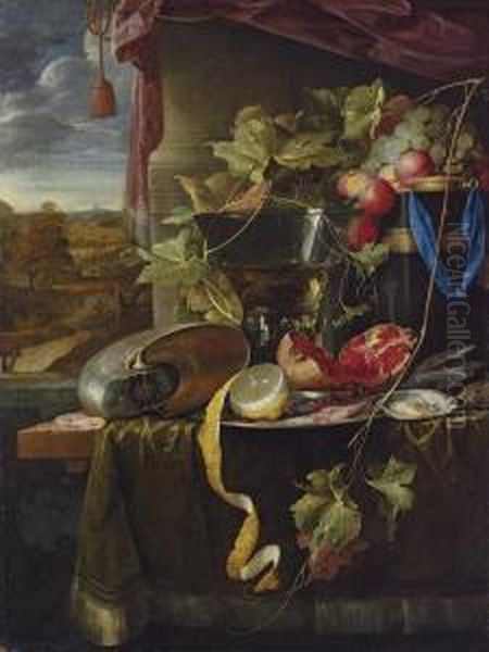 A Conch Shell, A Cut And 
Partly-peeled Lemon On A Silver Platter, A Broken Pomegranate, Shrimps, 
Oysters, A Wine-filled Roemer, Fruit And Other Objects On A 
Partly-draped Wooden Table Before A Draped Window Casement, An Extensive
 Landscape Beyond Oil Painting by Jan Davidsz De Heem