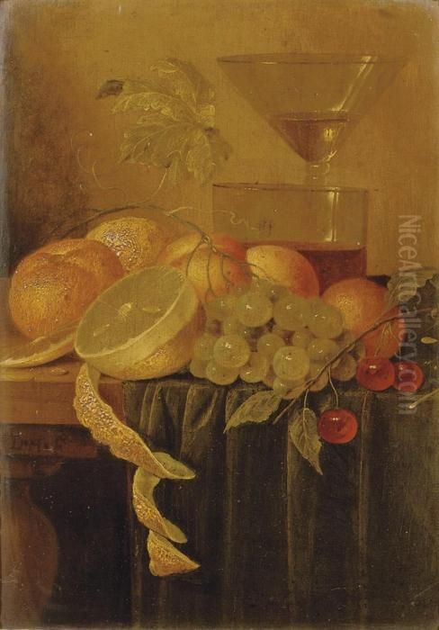 A Peeled Lemon, An Orange, 
Peaches, White Grapes And Cherries Near Glassware On A Partially Draped 
Table Oil Painting by Jan Davidsz De Heem