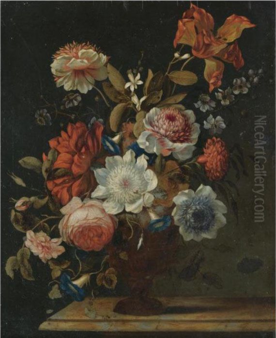 A Still Life With Plums, Grapes,
 Raspberries And A Partly Peeledlemon, Together With A Silver Tazza, All
 On A Stone Ledge Oil Painting by Jan Davidsz De Heem