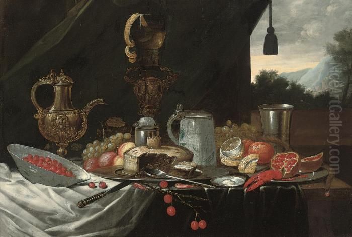 A Pie On A Pewter Platter, A 
Silver Beaker, A Tankard, A Pitcher, Alobster, A Partly Peeled Lemon, 
Peaches, Grapes, Cherries, Apomegranite, And A Porcelain Bowl Of 
Strawberries On A Partlydraped Table, A Landscape Beyond Oil Painting by Jan Davidsz De Heem