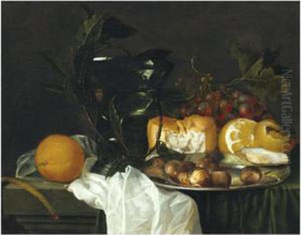 Still Life With A Roemer, A 
Peeled Lemon, Bread, An Oyster Andchestnuts On A Pewter Dish, Grapes, A 
Taper And An Orange On Aledge Partly Draped With A White Cloth Oil Painting by Jan Davidsz De Heem