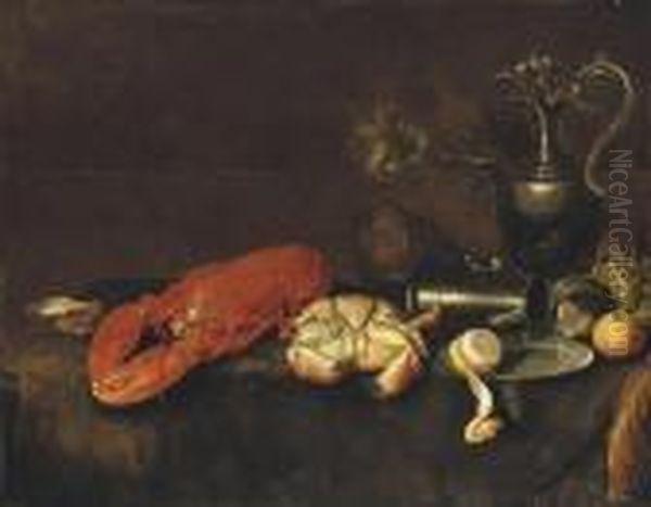 A Lobster, A Crab, An Oyster, A 
Pewter Pitcher, A Partially Peeledlemon, An Apple And Grapes On A Draped
 Table Oil Painting by Jan Davidsz De Heem