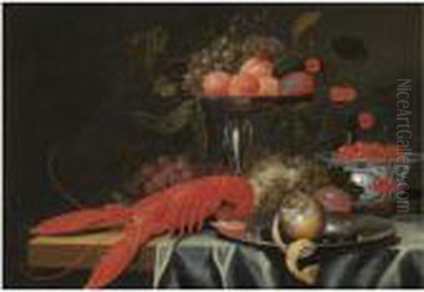 A Still Life With Apricots, 
Cherries And Grapes In A Silver Tazza, Cherries In A Porcelain Dish, Red
 And White Grapes, Together With A Lobster, A Shrimp And A Partly Peeled
 Lemon On A Silver Dish, On A Partially Draped Table Oil Painting by Jan Davidsz De Heem