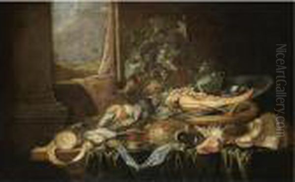 A Still Life With A Knife, A 
Partly-peeled Lemon, A Compass, An Oyster, A Sword, Shells, Wine Leaves 
Around A Roemer Of Wine And The Jawbone Of An Ass On A Pewter Plate, All
 On A Partly-draped Table, A Landscape Beyond Oil Painting by Jan Davidsz De Heem
