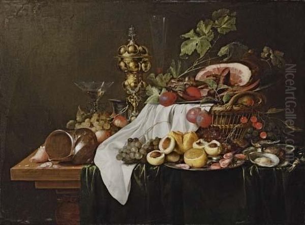 Shells, Shrimps, Peaches, A 
Facon-de-venise Wine Glass, A Pewter Tankard, A Silver-gilt Cup And 
Cover, Shrimps, Nectarines And A Lemon On A Pewter Plate, With Grapes, 
Oysters, A Bread Roll And A Basket Of Fruit Surmounted By A Pewter Plate
 With A  Oil Painting by Jan Davidsz De Heem