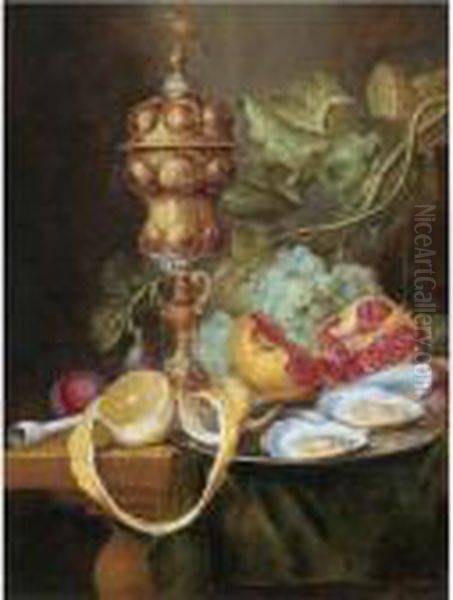 Still Life With A Gilt Pokal, A 
Bunch Of Grapes, A Plum, A Fig, A Partly Peeled Lemon, With Oysters And 
An Open Pomegranate On A Pewter Plate, All Arranged On A Partly Draped 
Table Oil Painting by Jan Davidsz De Heem