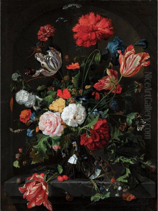 Still Life With Flowers In A 
Glass Vase On A Stone Ledge Before A Niche, With A Red Admiral, A 
Grasshopper, Other Insects And Snails Oil Painting by Jan Davidsz De Heem