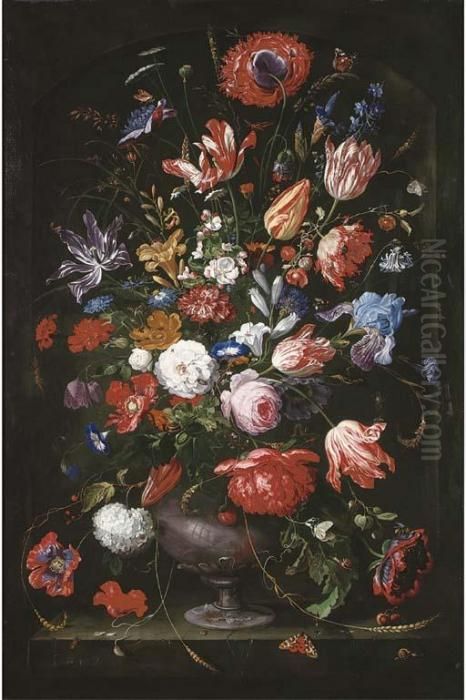 Roses, Tulips, Marigolds, A 
Geranium And Other Flowers In Asculpted Vase With Butterflies Oil Painting by Jan Davidsz De Heem