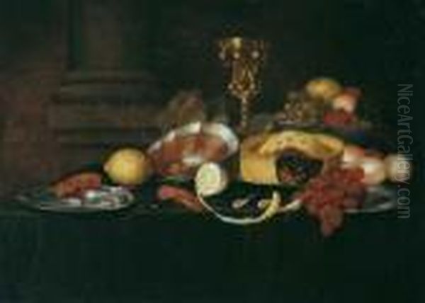 Heem, Jan Davidsz. De (1606 
Antwerpen - 1684 Antwerpen), Umkreis Fruhstucksstilleben Mit Schinken, 
Einer Pastete, Gekochten Krabben Und Einem Vergoldeten Buckelpokal. Ol 
Auf Leinwand (doubliert). H 74; B 100 Cm. Oil Painting by Jan Davidsz De Heem