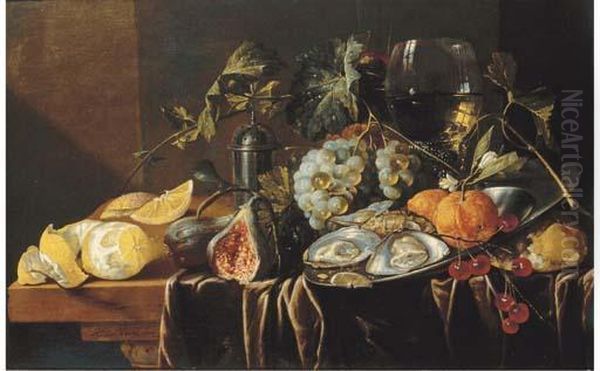 A Pronk Still Life With Oysters,
 Oranges And Cherries On A Pewterplate, A Partly-peeled Lemon, A Plum, 
Grapes, A Fig, A Pewter Salt,a Bun, A Roemer And A Tall Flute On A 
Partly-draped Table Oil Painting by Jan Davidsz De Heem