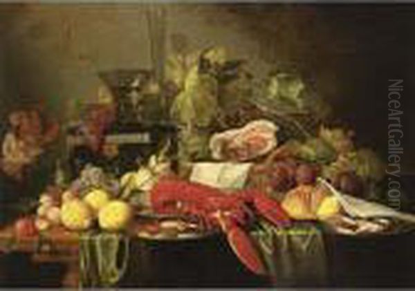 A Still Life With A Lobster, 
Crabs And Shrimps On Silver Plates, Lemons, Apricots, Black And White 
Grapes, Prunes, A Ham In A Basket, And A Bun Together With A Berkemeier 
On A Box And A Flute, All On A Wooden Table Draped With A Green 
Tablecloth Oil Painting by Jan Davidsz De Heem