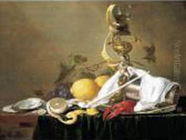 Still Life Of A Wine-glass On A 
Parcel-gilt Stand, An Overturned Silver Beaker And A Lobster On A Pewter
 Plate, Together With A Clay Pipe, Lemons, Grapes, Shrimps And Oysters, 
All Arranged Upon A Table-top Draped With A Green Cloth Oil Painting by Jan Davidsz De Heem