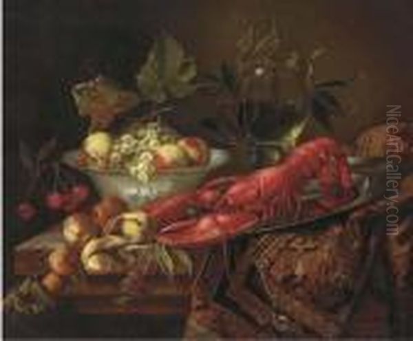 A Goblet Of Wine, A Bowl Of 
Peaches And Grapes, A Lobster On A Salver By A Peeled Lemon, Apricots, 
Raspberries And A Rug On A Ledge Oil Painting by Jan Davidsz De Heem