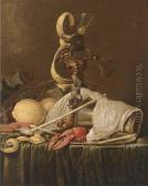 Lemons, Grapes On The Vine, 
Prawns, A Lobster On A Pewter Dish Anda Roemer On A Stand, On A Draped 
Table Oil Painting by Jan Davidsz De Heem
