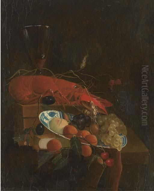 A Lobster, A Roemer Of Wine, A 
Book, Grapes, Cherries, Plums And Other Fruit In A Dish On A 
Partly-draped Ledge Oil Painting by Jan Davidsz De Heem