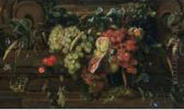 A Still Life With White And Blue
 Grapes, Peaches, Cherries, A Fig, An Ear Of Wheat, Oak Leaf And Acorns,
 A Sweet Chestnut, Filbert Nuts, Hawk-weed, A Medlar, A Garden Tiger 
Moth, Together With Borage, And Other Flowers, All Against A Decorative 
Sc Oil Painting by Jan Davidsz De Heem