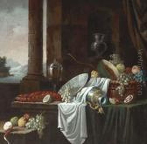 A Basket Of Fruit, An Overturned
 Ewer, A Porcelain Bowl With Grapes And A Lobster On A Partially Covered
 Table In An Architectural Interior, A Landscape Beyond Oil Painting by Jan Davidsz De Heem