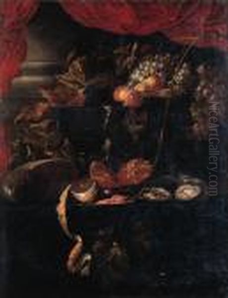 Grapes, Vines, Peaches And A 
Fob-watch On A Jewelry Box, Shrimpsand A Peeled Lemon On A Pewter Plate,
 Oysters, A Pomegranate, Agiant Berkemeyer And A Nautilus Shell On A 
Draped Table By A Drapedcolumn Oil Painting by Jan Davidsz De Heem