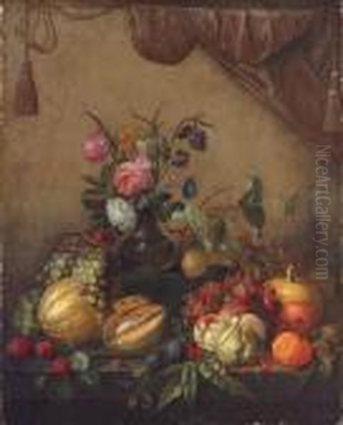Grapes, Melons, Plums, Peaches, 
Oranges, Cherries, A Pumpkin, Aglass Of Wine And A Vase Of Flowers 
Before A Wall Draped With Acurtain Oil Painting by Jan Davidsz De Heem