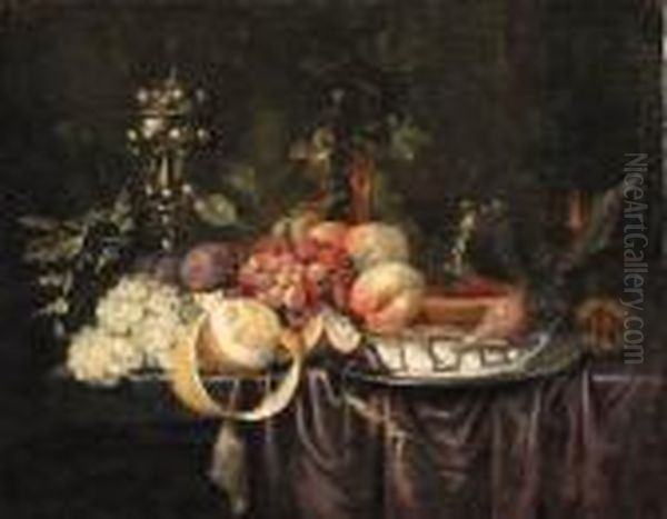 Grapes, Plums, Peaches And 
Chestnuts On A Draped Table With Apeeled Lemon A Herring On A Pewter 
Plate, A Roemer And A Coveredcup Oil Painting by Jan Davidsz De Heem